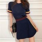 Set: Color-block Short-sleeve Slim-fit Knit Top + Skirt