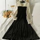 Chiffon-panel Smocked Velvet Midi Dress Black - One Size