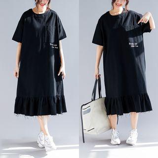 Elbow-sleeve Letter Midi Dress Black - One Size