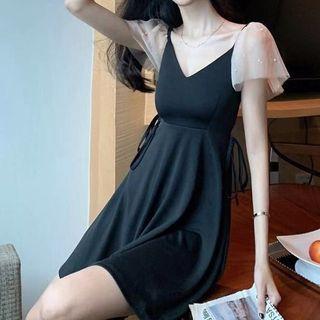 Mesh-sleeve Tie-front A-line Dress