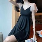 Mesh-sleeve Tie-front A-line Dress