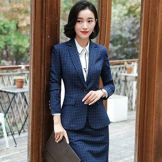 Contrast Trim Shirt / Check Blazer / Dress Pants / Pencil Skirt / Set