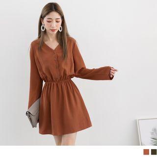 Long Sleeve V-neck Gather Waist Dress