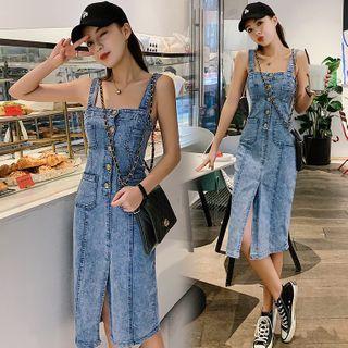 Spaghetti Strap Denim Midi Sheath Dress