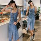 Spaghetti Strap Denim Midi Sheath Dress