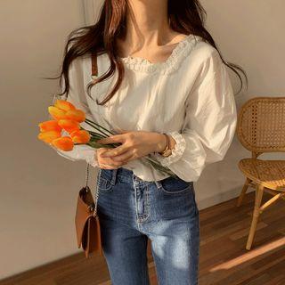 Eyelet Trim Balloon-sleeve Blouse White - One Size