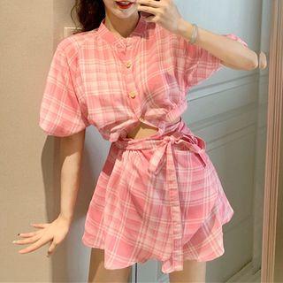 Drawstring Ruffle Trim Plaid Dress Checked - One Size