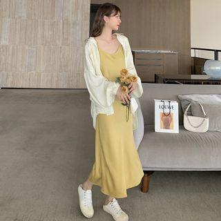 Spaghetti Strap Midi A-line Dress / Long-sleeve Shirt