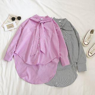 Tie-waist Striped Long-sleeve Blouse