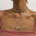 Rhinestone Flower & Butterfly Pendant Layered Choker Necklace 0470 - Gold - One Size