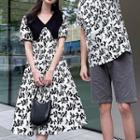 Couple Matching Elbow-sleeve Floral Shirt / Shorts / Midi A-line Dress / Set