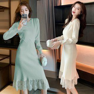 Long-sleeve Lace Trim Knit Midi Mermaid Dress