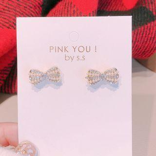 Faux Pearl Ribbon Stud Earring 1 Pair - White - One Size