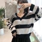 V-neck Striped Sweater Stripes - Black & White - One Size