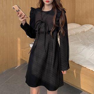 Long-sleeve Frill Trim Tie-front Mini A-line Dress Black - One Size