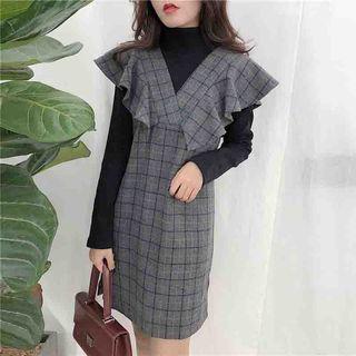 Check Mock Two-piece Ruffle Dress