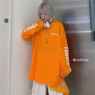 Lettering Oversize Long-sleeve T-shirt Orange - One Size