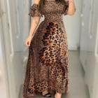 Short-sleeve Leopard Print Strapless Maxi Dress