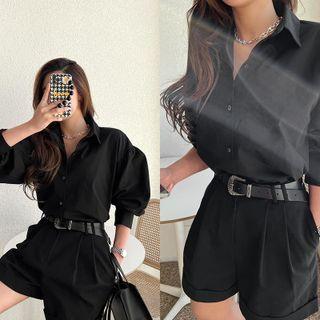 Balloon-sleeve Plain Shirt Black - One Size