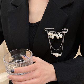 Safety Pin Faux Pearl Brooch Gold - One Size