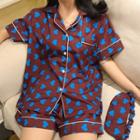 Set: Elbow-sleeve Heart Patterned Shirt + Shorts + Sleeping Eye Mask