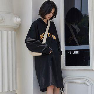 Long-sleeve Lettering Hooded Midi T-shirt Dress Black - One Size