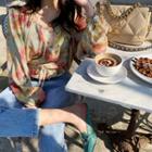 Floral Buttoned Peasant Blouse Pink - One Size