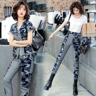 Set: Short Sleeve Camo Panel Denim Jacket + High Waist Jeans + Plain T-shirt