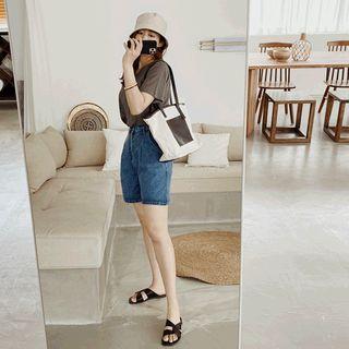 Pintuck-front Denim Shorts