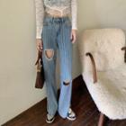High Waist Striped Heart Cutout Straight Leg Jeans