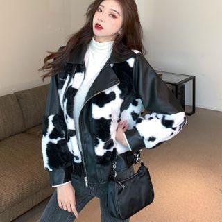 Cow Print Fluffy Panel Faux Leather Jacket Black & White - One Size