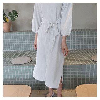 Balloon-sleeve Stripe Dress With Sash