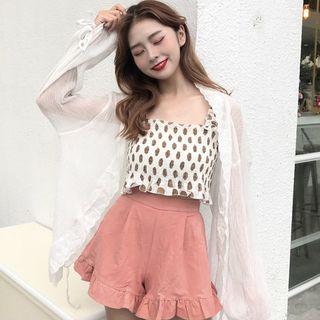 Spaghetti-strap Polka Dot Smocked Crop Top / Frill Hem Shorts / Light Jacket