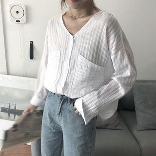 V-neck Lace Trim Striped Shirt