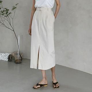 Pleated Slit-front Long Skirt With Belt
