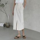 Pleated Slit-front Long Skirt With Belt