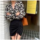 3/4-sleeve Leopard Print V-neck Blouse / Drawstring Mini Fitted Skirt