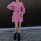 Faux-pearl Houndstooth Shirtdress Pink - One Size