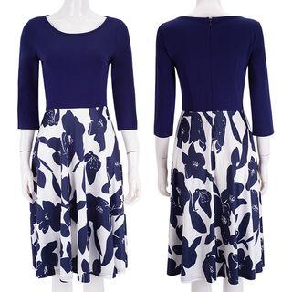 3/4-sleeve Floral Panel A-line Dress