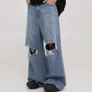 Distressed Splatter Print Baggy Jeans