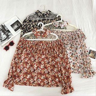 Floral Panel Mesh Long-sleeve Blouse