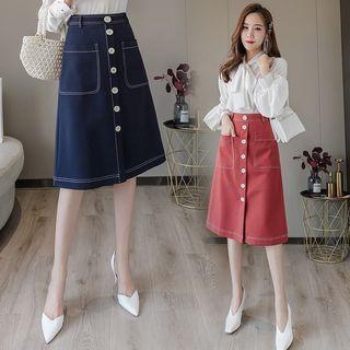 Contrast-trim Button-front A-line Dress