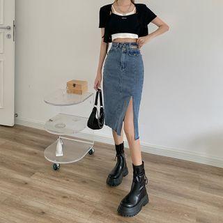 Cutout Slit Denim Midi Pencil Skirt