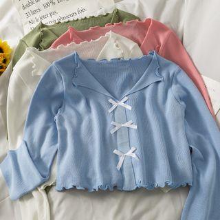 Ribbon-accent Ruffle-trim Crop Knit Top In 6 Colors