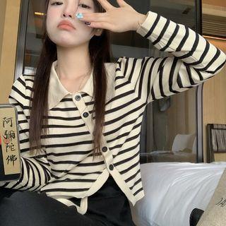 Collar Striped Asymmetrical Cardigan Black Stripes - White - One Size