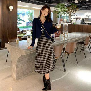 Ribbon Tie-back Blazer / Spaghetti-strap Plaid Midi A-line Dress