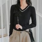 Color-block Trim V-neck Long-sleeve Knit Top