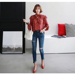 Inset Scarf Flower Pattern Chiffon Top