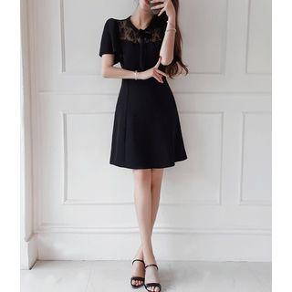 Beribboned Flutter-sleeve Lace-yoke Dress