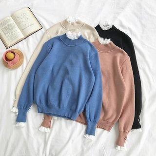 Mock Two-piece Mock-neck Ruffled-trim Slim-fit Sweater